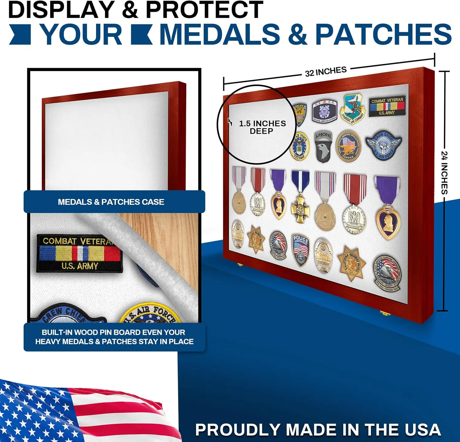 Medal Display Case Medium - Award Case, Patches Cabinet Case, Acrylic Wall Case, Cherry w/ White Felt
