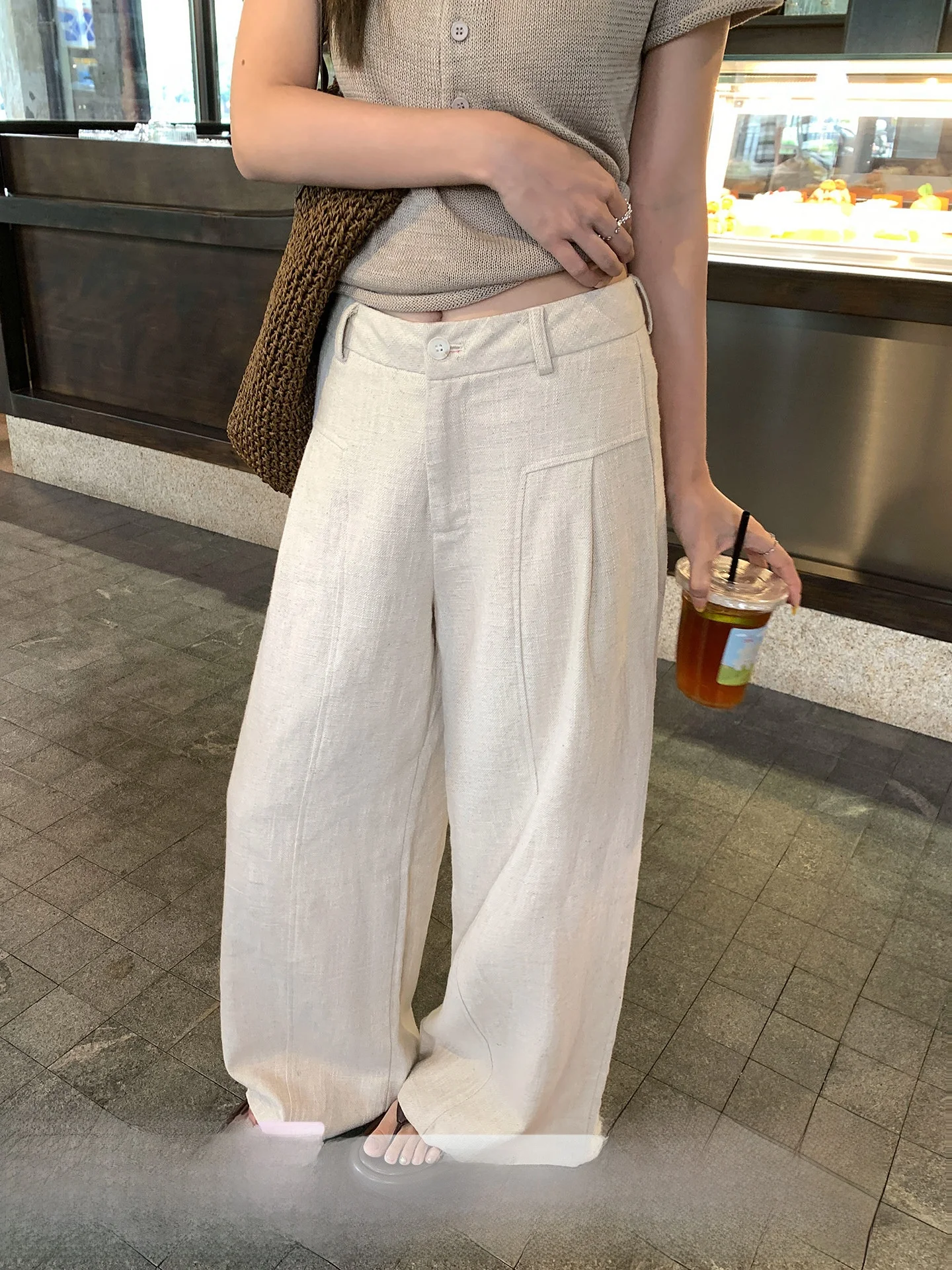 

Повседневные хлопковые льняные брюки с широкими штанинами для женщин, летняя новинка, универсальные свободные прямые брюки-трубы, длинные брюки с высокой талией на пуговицах