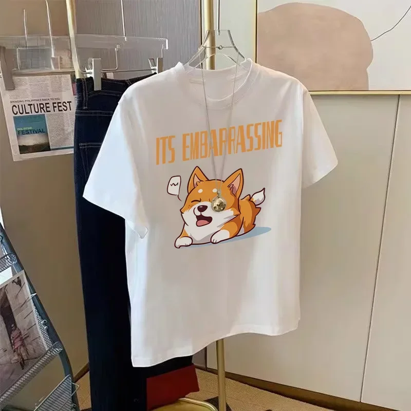 

Cotton Original Design Cartoon Creativity ITS EMBARRASSING Corgi Printed Men and Women Summer Loose Casual Round Neck Y2k Top