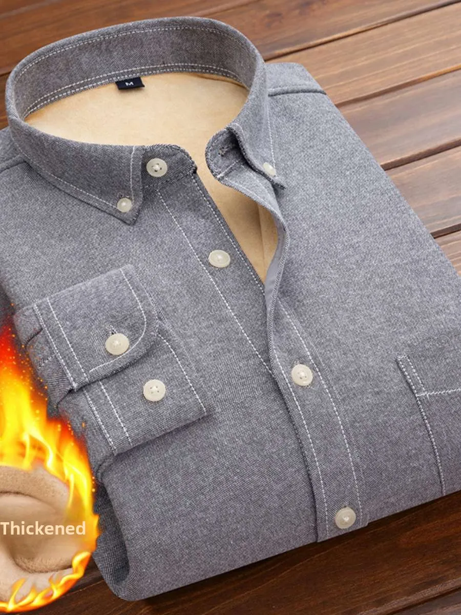 

Warm Oxford Fabric Men's Shirt Winter Fashion Casual Fleece Lined New Style Spring Loose Fit Short Sleeve Stand Collar Travel