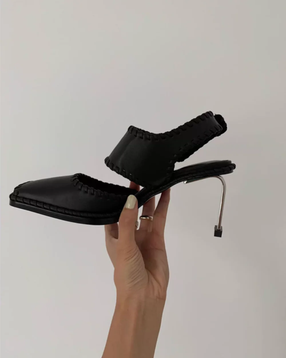 

Black Square-Toe Slingback Pumps Irregular Heels Sleek Minimalist Design Unique Silhouette Women's Fashion Sandals