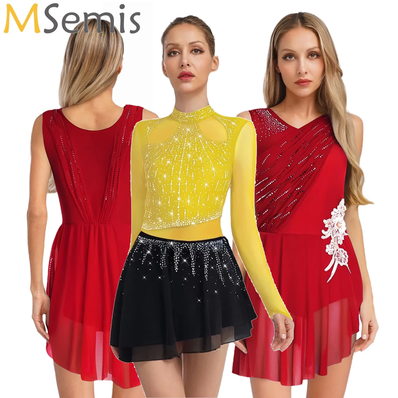 

Womens Lyrical Dance Dress Rhinestone Long Sleeve Chiffon Skirt Leotard Dress Figure Skating Modern Ballet Dance Stage Costume