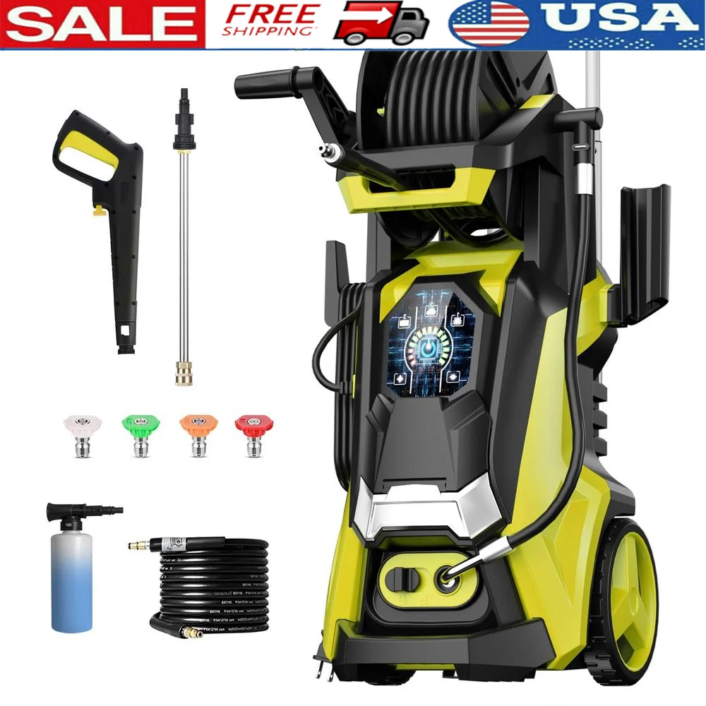 5000 PSI Pressure Washer Touch Screen 3 Gear Adjustable 4 Nozzles Foam Cannon Retractable Handle