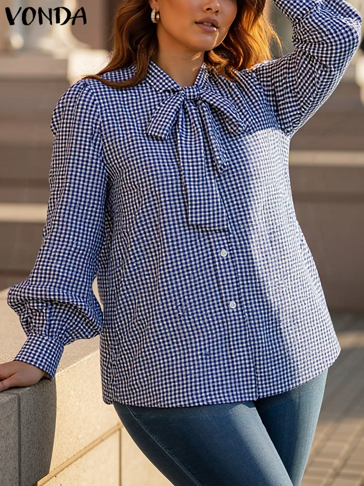 

Плюс размер клетчатые рубашки VONDA женские элегантные осенние блузки с длинным рукавом 2025 модные топы с воротником-бабочкой офисные Blusas 5XL