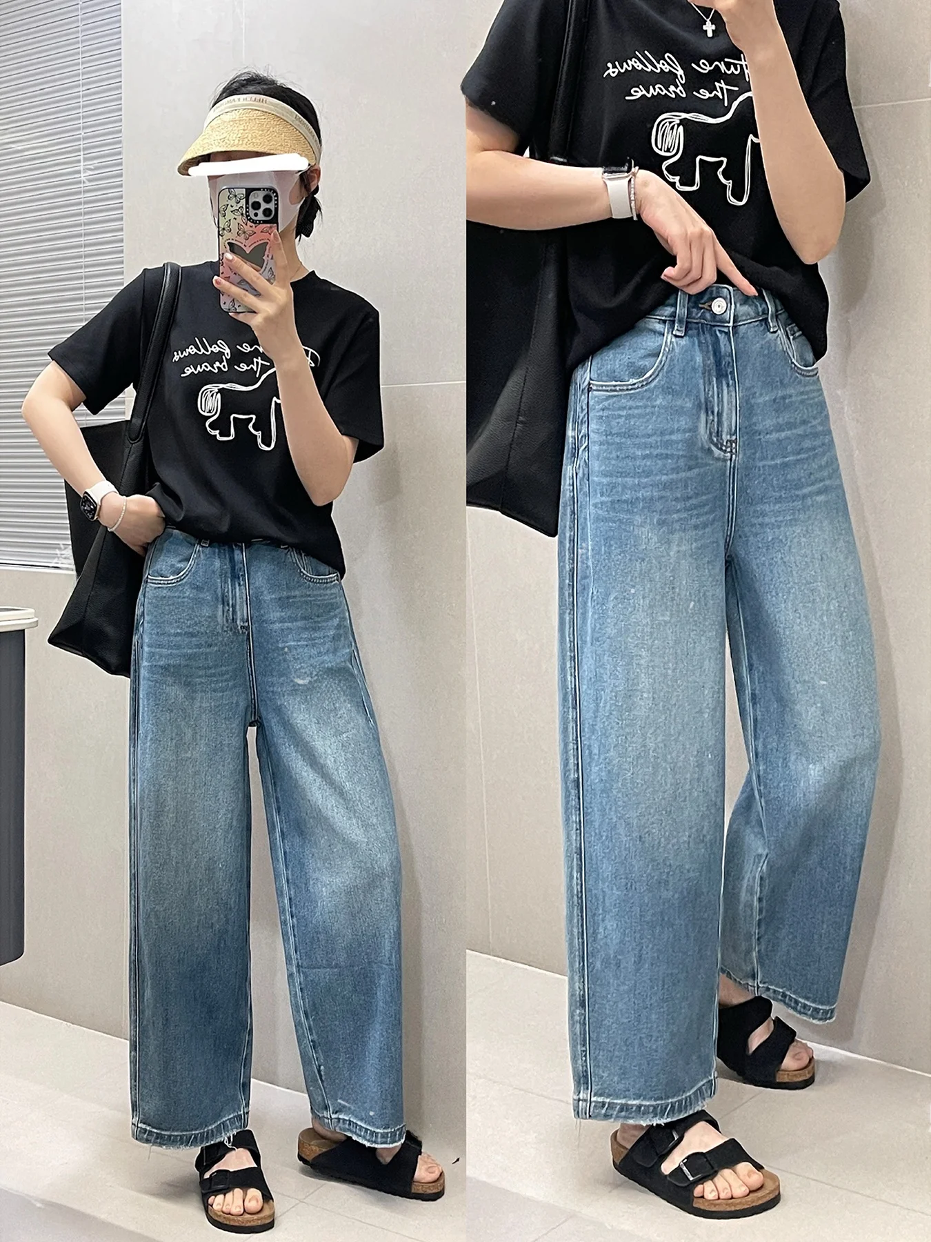 

Весенне-летние джинсы с высокой талией, широкими штанинами-баллонами, свободного кроя, с эффектом похудения, винтажные, из выстиранного денима, прямые брюки