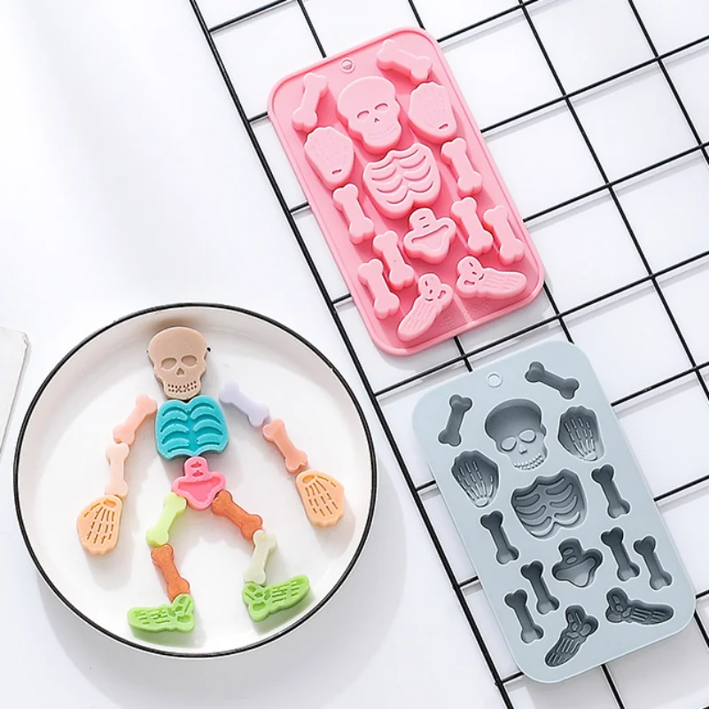 15 Holes Skeleton Chocolate Silicone Mould Human Skull Bone Candy Biscuit Baking Kit Cake Decor DIY Soap Candle Making Mold Gift