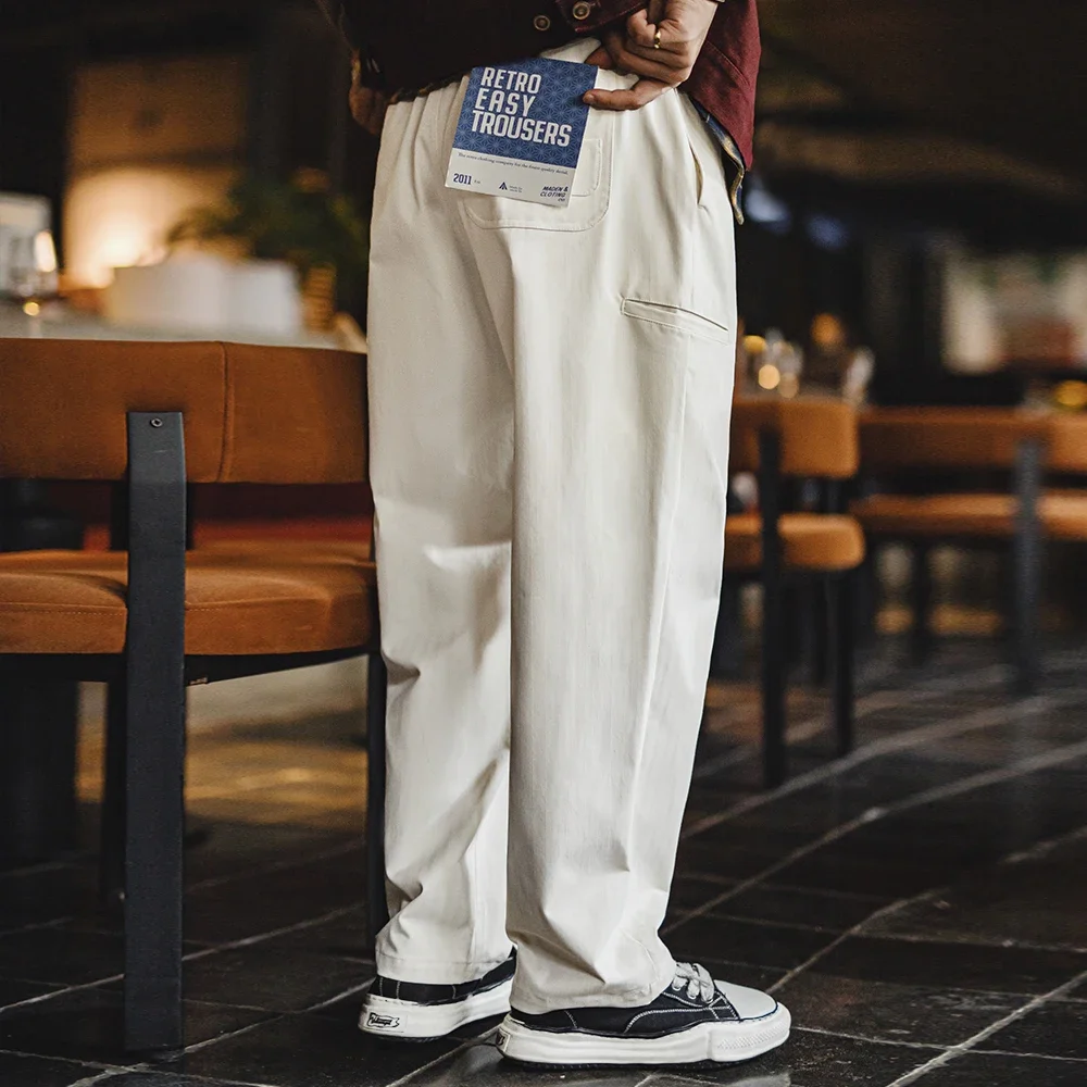 Maden Cleanfit Straight Herringbone Easypants Tapered Solid Color Elastic Waistband Casual Pants Pocket Design Men's Trousers