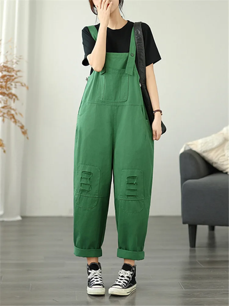 

Casual Workwear Overalls Women 2025 Spring Autumn New Hole Solid Color Loose Denim Jumpsuits Female Clothes Ropa De Mujer