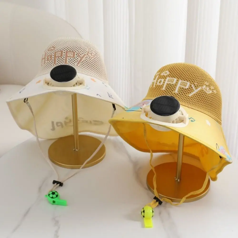 

Детская солнцезащитная шляпа с сетчатым дизайном и вентилятором на солнечной батарее, дышащая, быстросохнущая, с широкими полями, регулируемая, с мультяшным рисунком