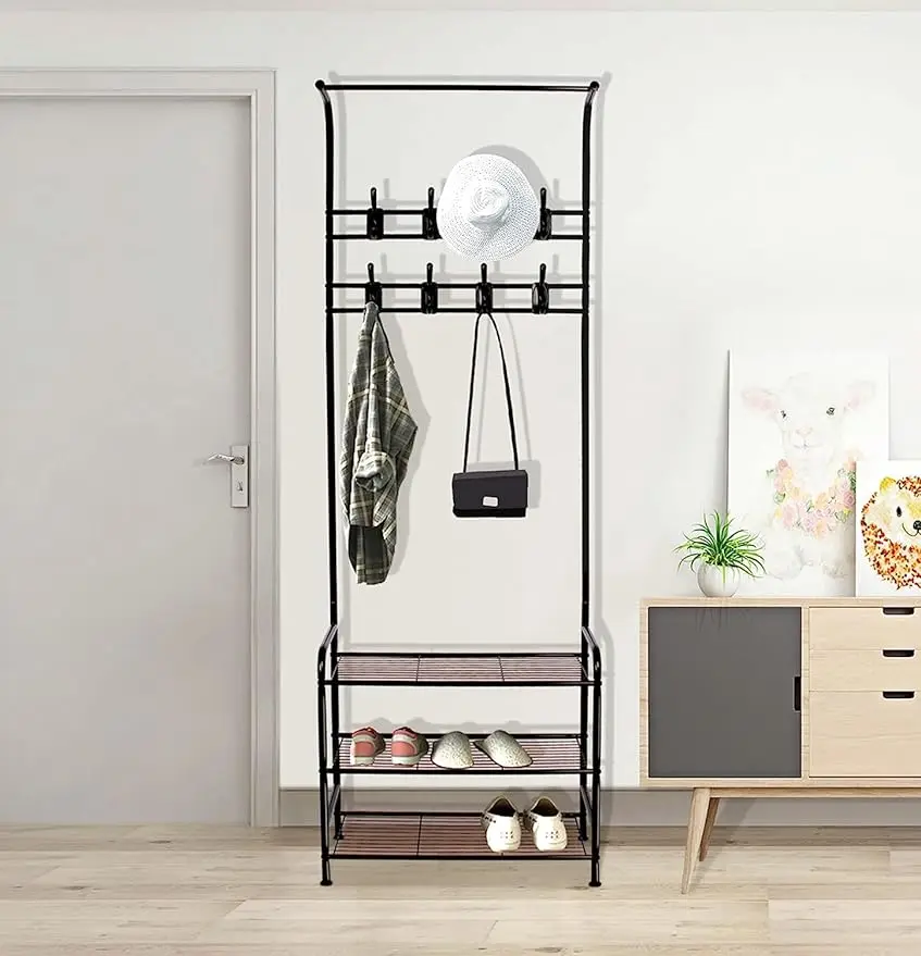 

Bigzzia Coat and Shoe Rack Entryway 3-in-1 Hall Tree with 3-Tier Shelf and 16 Removable Hooks Coat Racks Free Standing Black