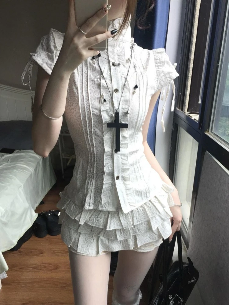 New Punk Retro Slim Women 2 Piece Set Y2k Chic Short Sleeve Shirt + Puffy Skirt Aesthetic Grunge