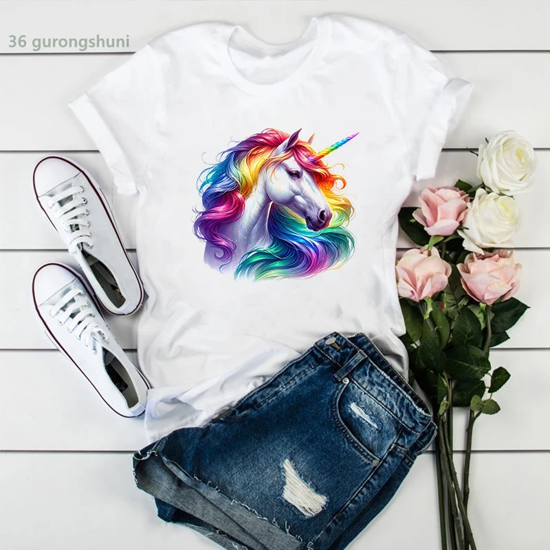 Rainbow Unicorn Printed T Shirt Girls Summer Short Sleeve Tshirt Women Funny Kawaii Clothes T-Shirt Femme Streetwear