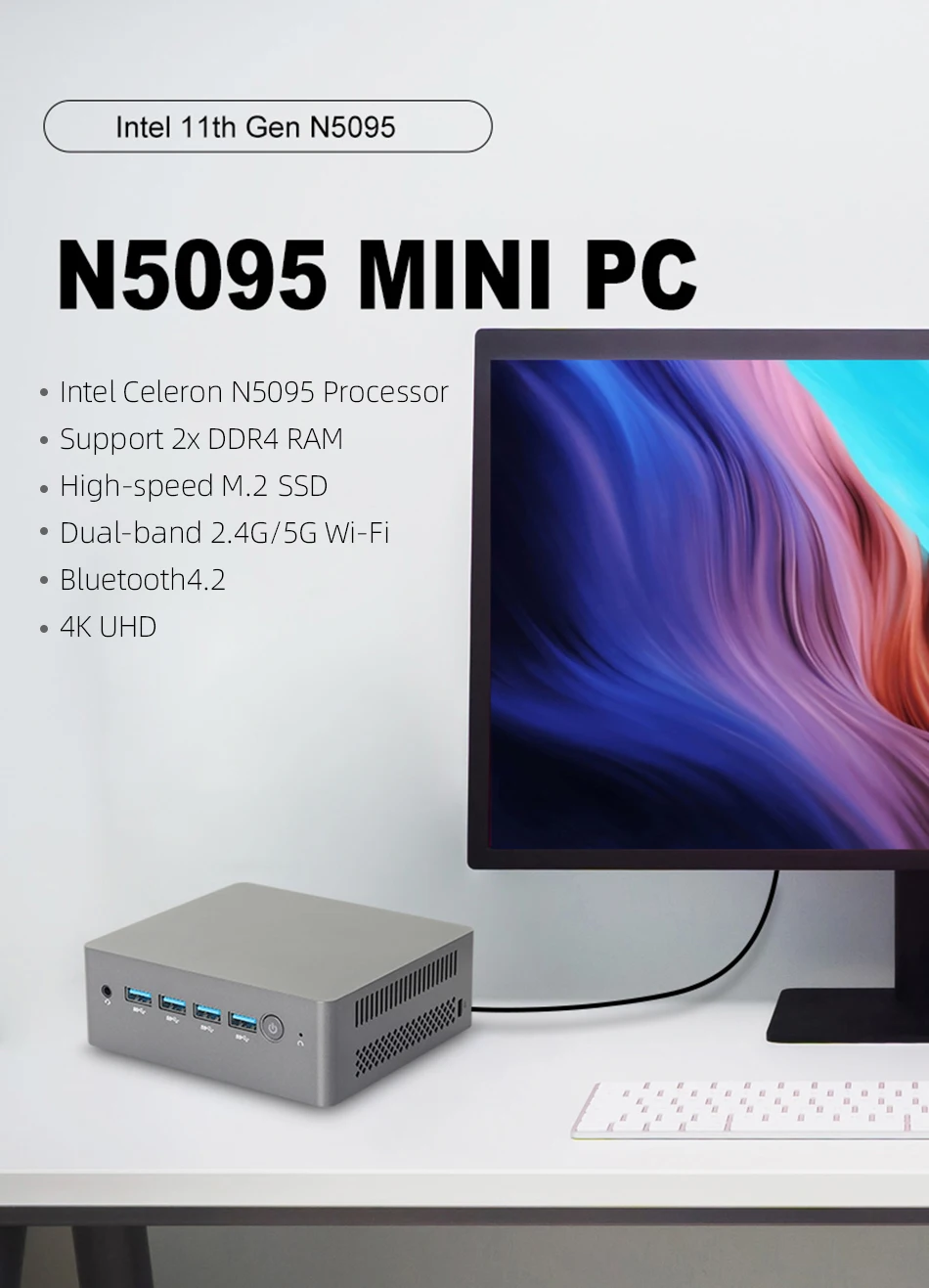 PC Mini Intel Celeron N5095 N100 Processor DDR4 M.2 SSD 4K UHD Dual-band WiFi Bluetooth 4.2 Windows 11