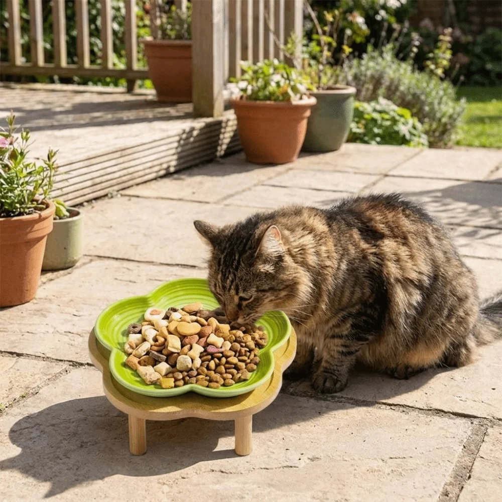 Large Capacity Ceramic Elevated Cat Bowl Cervical Spine Protection Anti-slip Pet Food Bowl Anti Tipping with Wood Stand