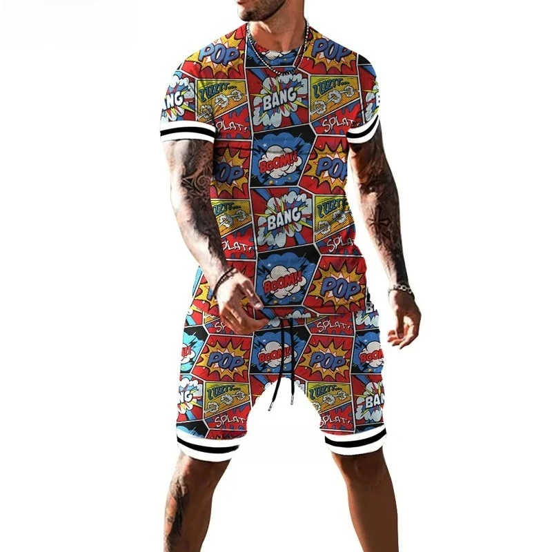 

2025 Fashion Retro 3D Printed Street Wear Men's T-shirt High Quality Summer Shorts Two Piece Set Sportswear Oversized