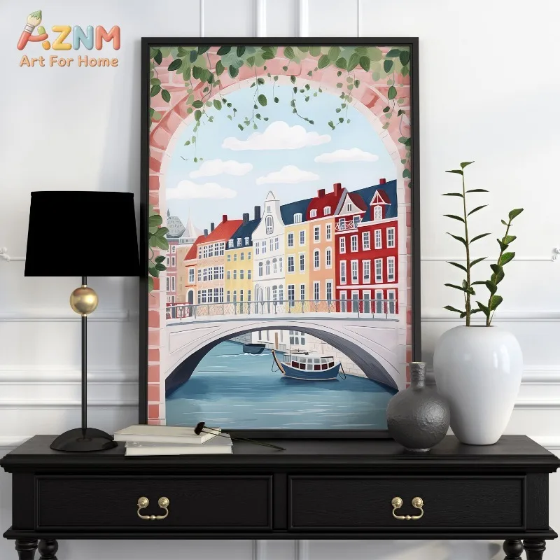 AZNM Colorful Europe Travel Canvas Print Hot Air Balloon Coastal Town Floral Street Mountain Landscape Vintage Travel Wall Poste view 4
