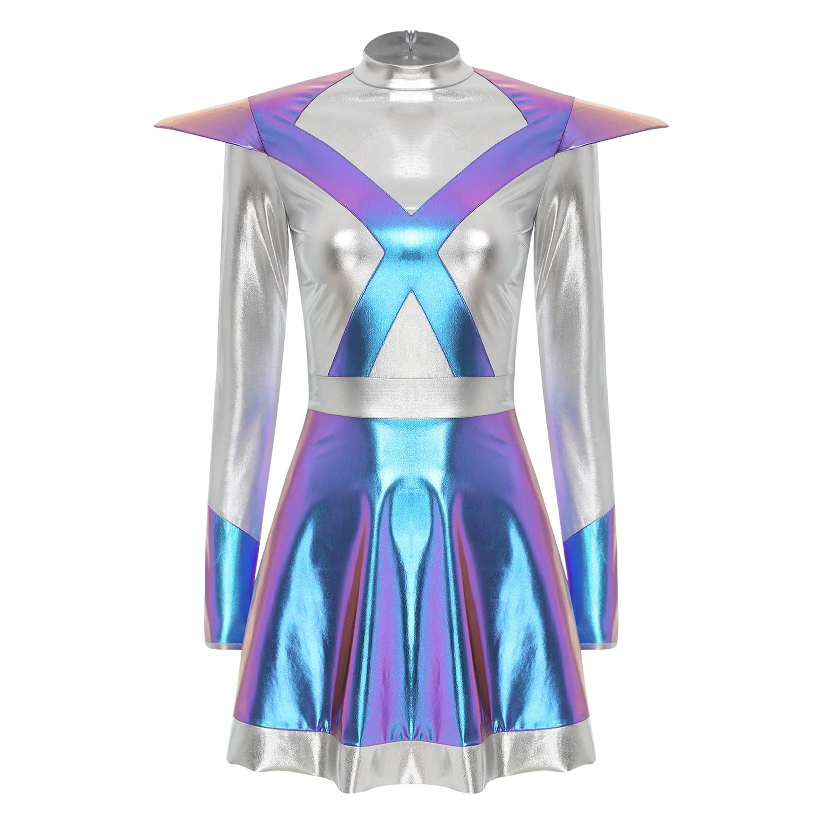 

Womens Alien Astronaut Cosplay Dress Long Sleeve Metallic Shiny Space Female Warrior Dress Halloween Carnival Roleplay Outfit