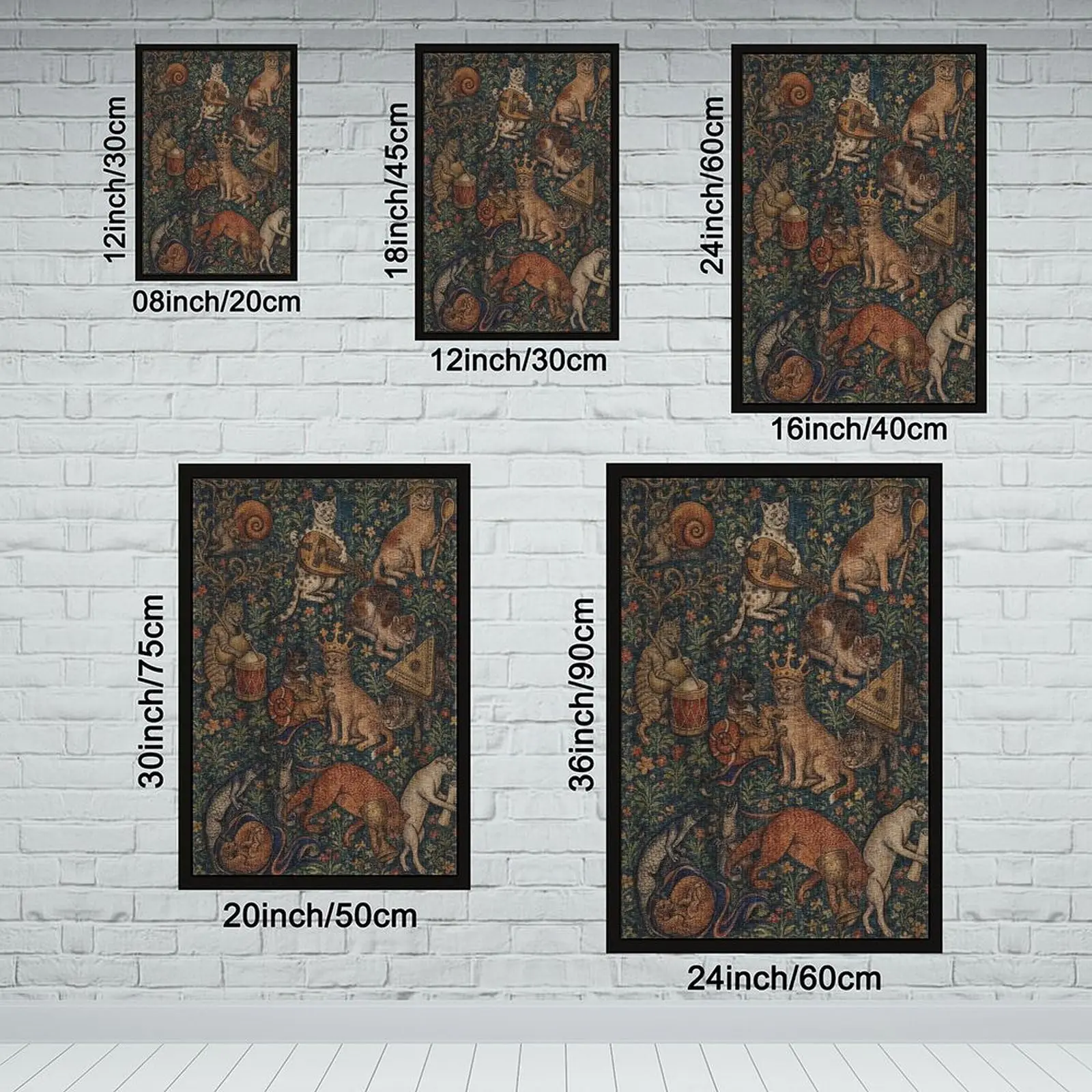 Medieval Cats Tapestry Style Black Frame Framed Canvas Wall Art for Living Room Bedroom Office Dining Room Entryway