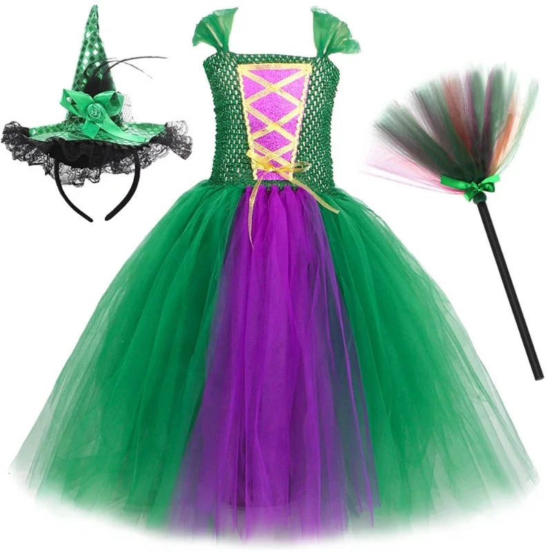 Girls Hocus Pocus Sanderson Sisters Tutu Dresses & Capes for Kids Halloween Witch Cosplay Costumes Children Fancy Gown Dress