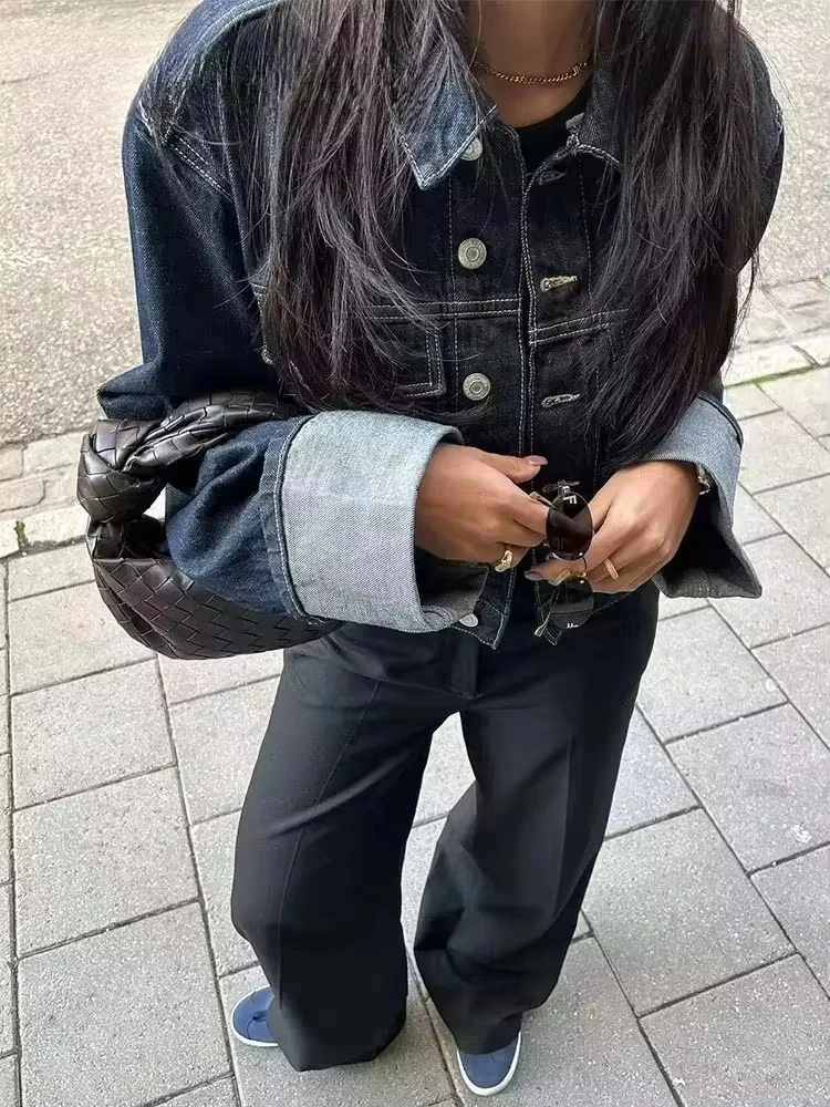 HH Women Vintage Denim Jacket Single Breasted Lapel Long Sleeve Coat With Pockets Dark Blue Denim Jacket Fashion High Street Top