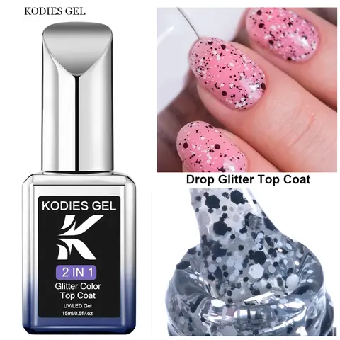 KODIES 젤 색종이 반짝이 탑 코트 UV 젤 매니큐어 15ML 세미 퍼머넌트 블랙 화이트 스팽글 네일 아트 장식 젤 마감