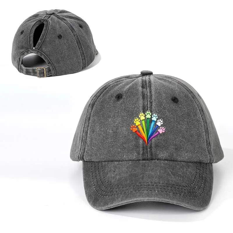 Rainbow Paw Ponytail Baseball Cap Women Vintage Washed Cotton Messy Bun Dad Hat Adjustable Curved Brim Sun Hat Pet Lover Gorra