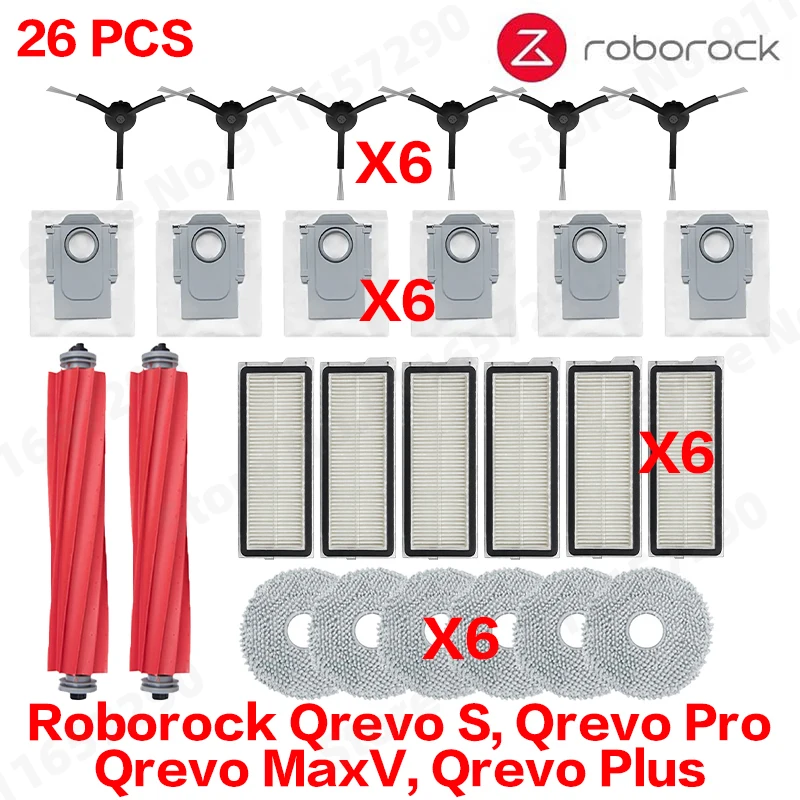 Roborock Qrevo S, Qrevo Pro, Qrevo MaxV, Qrevo Plus onderdelen: hoofdrol, zijborstel, filter, dweilpad, doek, stofzak