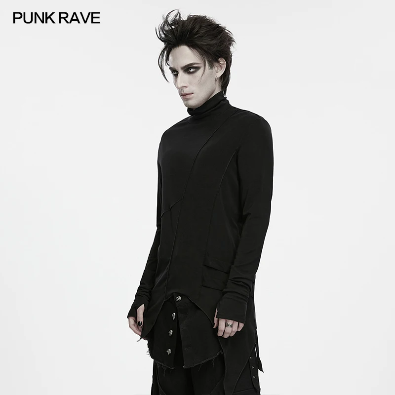 PUNK RAVE Men's Gothic Irregular Deconstructed Style Shadow Turtle Neck T-shirt Subcultural Dressing Handsome Personalized Tops