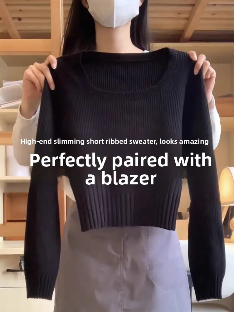 

Women's Short Square Collar Knitted Sweater Long Sleeve Slim Fit Base Layer Black White Spring Autumn Inner Wear Casual Style