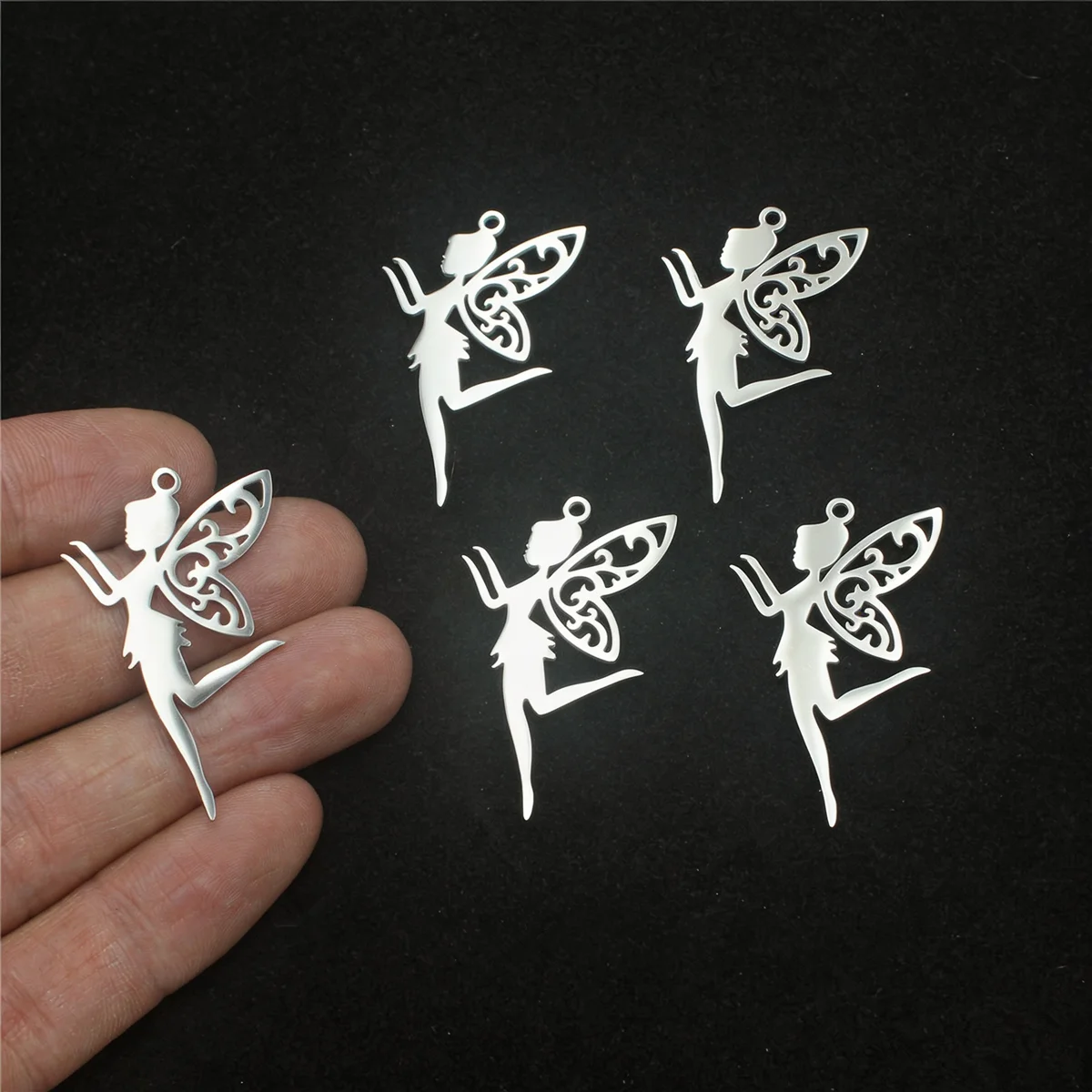 RUEMOY 5Pcs Stainless Steel Fairy Charms Steel Color Hollow Wing Elf Pendants for DIY Necklace Bracelet Jewelry Making