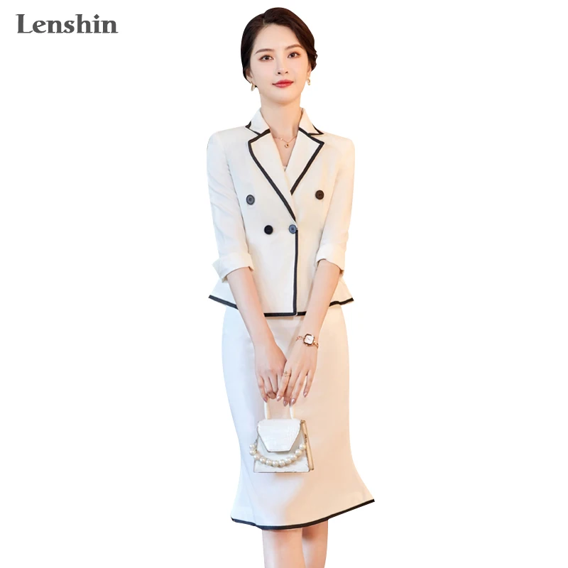 

Lenshin 2 Piece Half Sleeve Ruffles Formal Patchwork Skirt Suit Fashion Blazer Office Lady Uniform Designs Women Business Sets