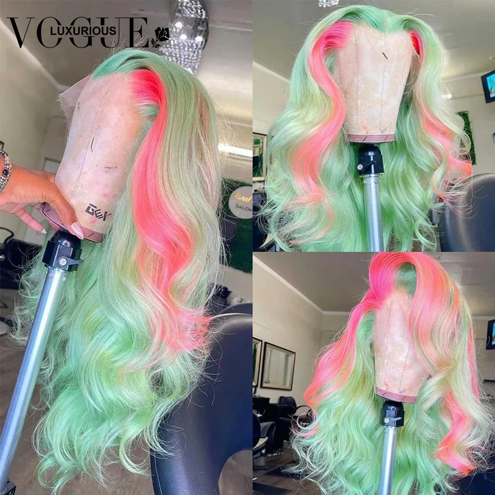 Wig rambut manusia renda depan transparan 13X4 berwarna hijau Mint merah muda sorot Wig rambut manusia penutupan renda gelombang tubuh Wig Remy Brasil dijual