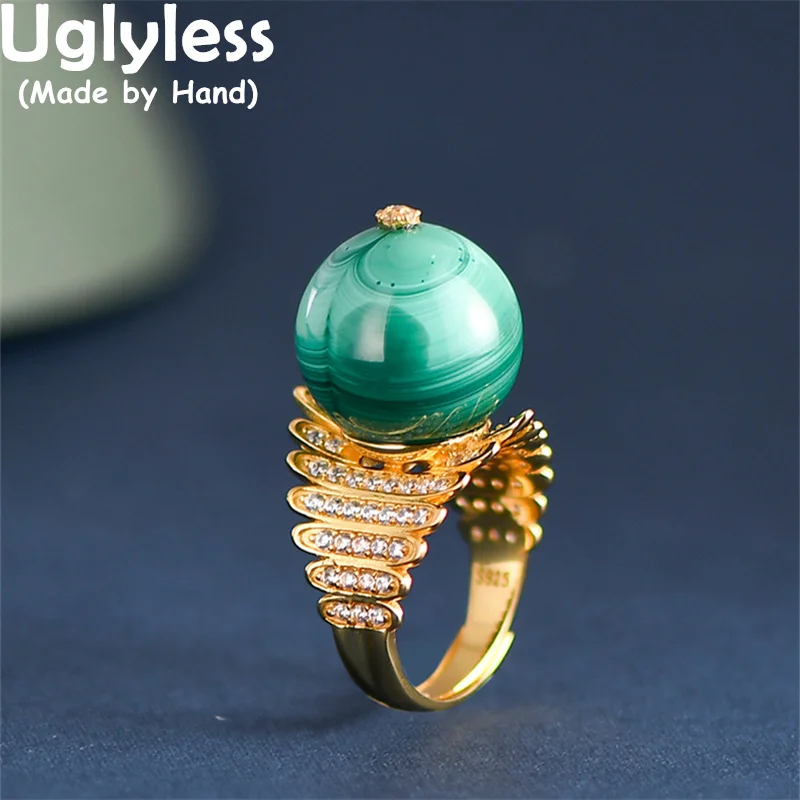 Uglyless Big Malachite Candy Ball Rings for Women Exaggerated Jewelry Gold Plated 925 Silver Wide Rings Funny Girls Bijoux Gems