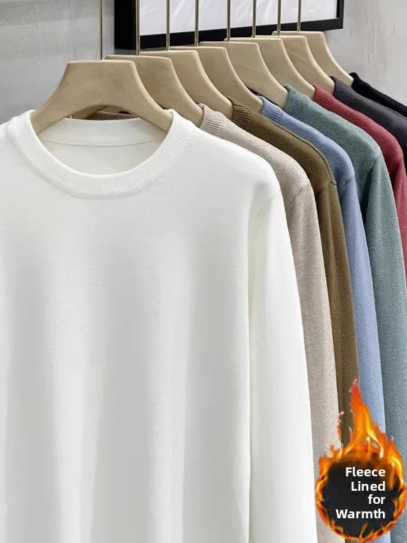 

Men's round Ne Knitted Sweater Pure Color Inner Wear Fce Lined Casual Busin Autumn Winter New Sle Knitwear