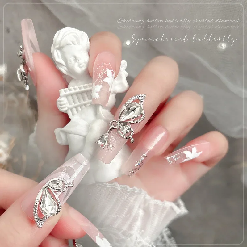5Pcs 3D Alloy Butterfly Wing Nail Charms, Spliced Pink Butterfly Pendants With Big Rhinestones For Decorating Press On Nails
