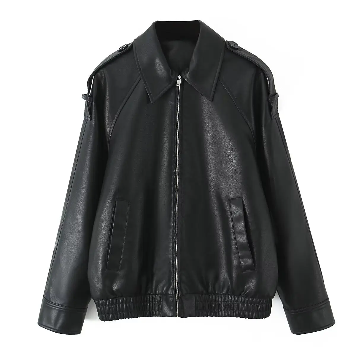 Jaqueta Fena Casual de Couro PU Moderna com Gola, Versátil, Caimento Solto, Manga Longa e Fechamento com Zíper
