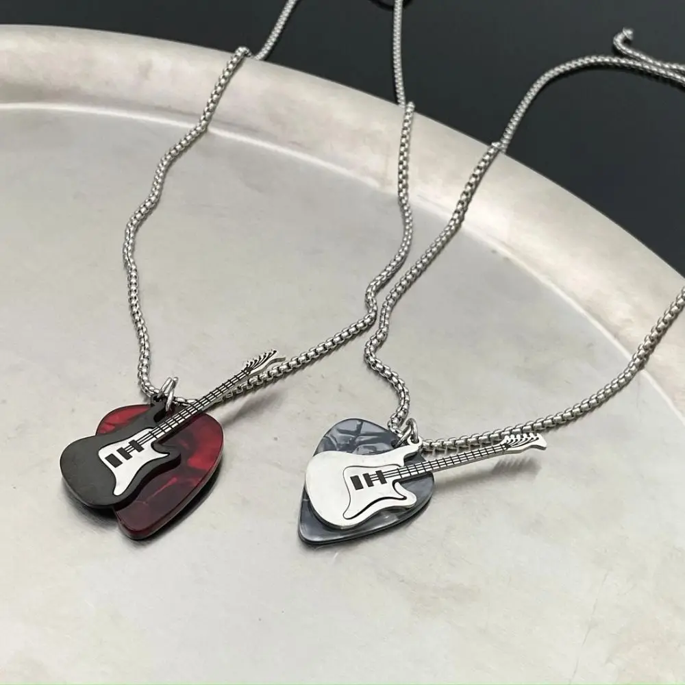 Hip-hop Guitar Pick Pendant Necklace Titanium Steel Trendy Guitar Chain Choker Punk Vintage Electric Guitar Sweater Chain Unisex