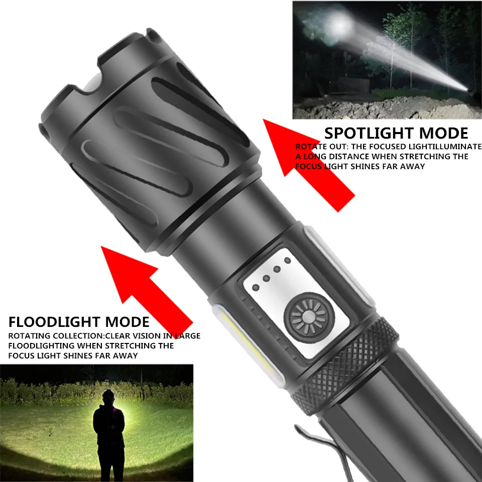 Portable Red White Light Flashlight Type-C Charging Zoom XHP99 Warm Light Flash Light  Tactics Torches