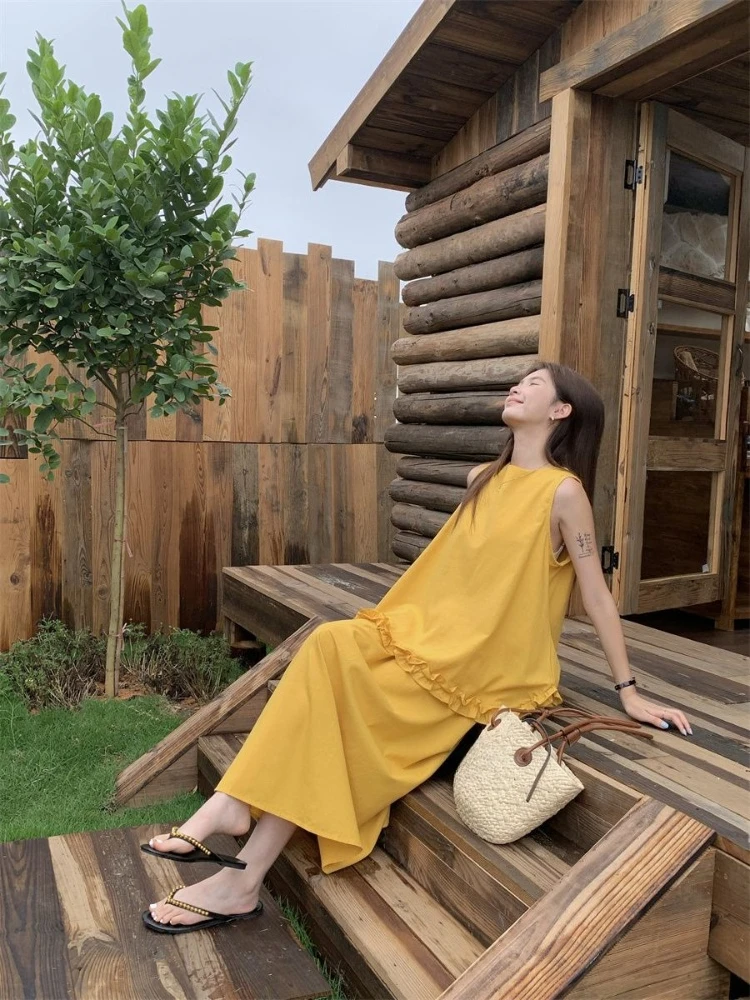 

Новинка: летний комплект в корейском стиле — желтый топ без рукавов с рюшами и юбка с высокой талией свободного кроя для женщин