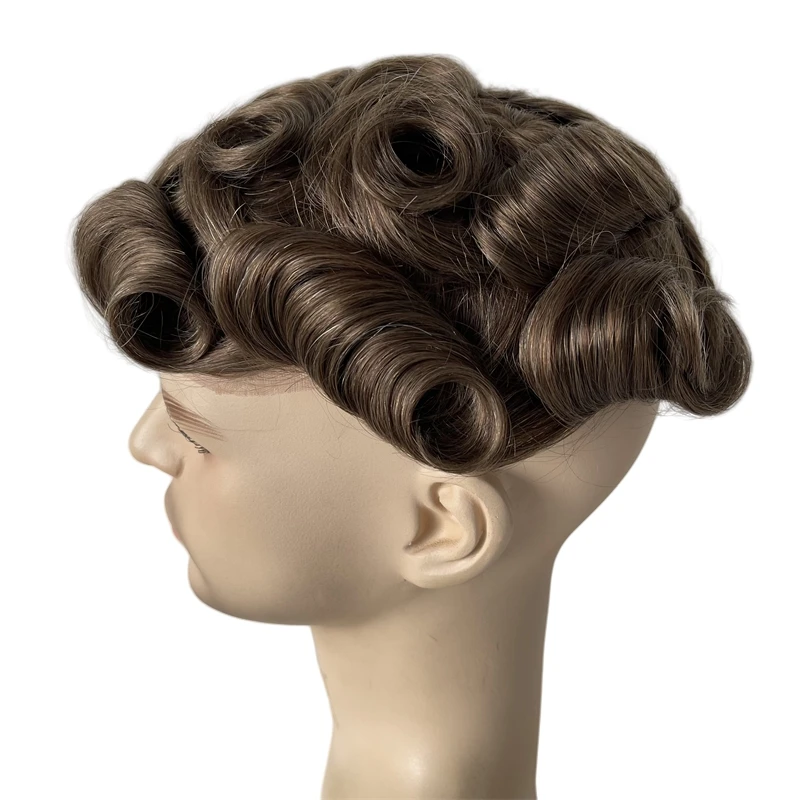 Europejskie systemy włosów dziewiczych ludzkich # Peruka męska z pełnej szwajcarskiej koronki, falowana 32mm, typu 8x10, dla mężczyzn europejskich.