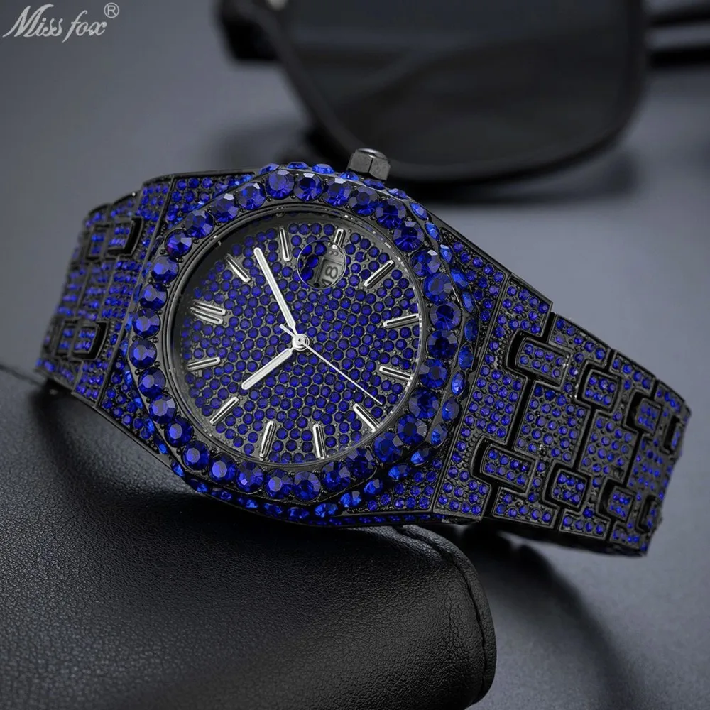 Missfox Luxury Men's Quartz Watch Hip Hop Fashion Cool Blue Waterproof Wristwatch with Calendar And Luminous Features