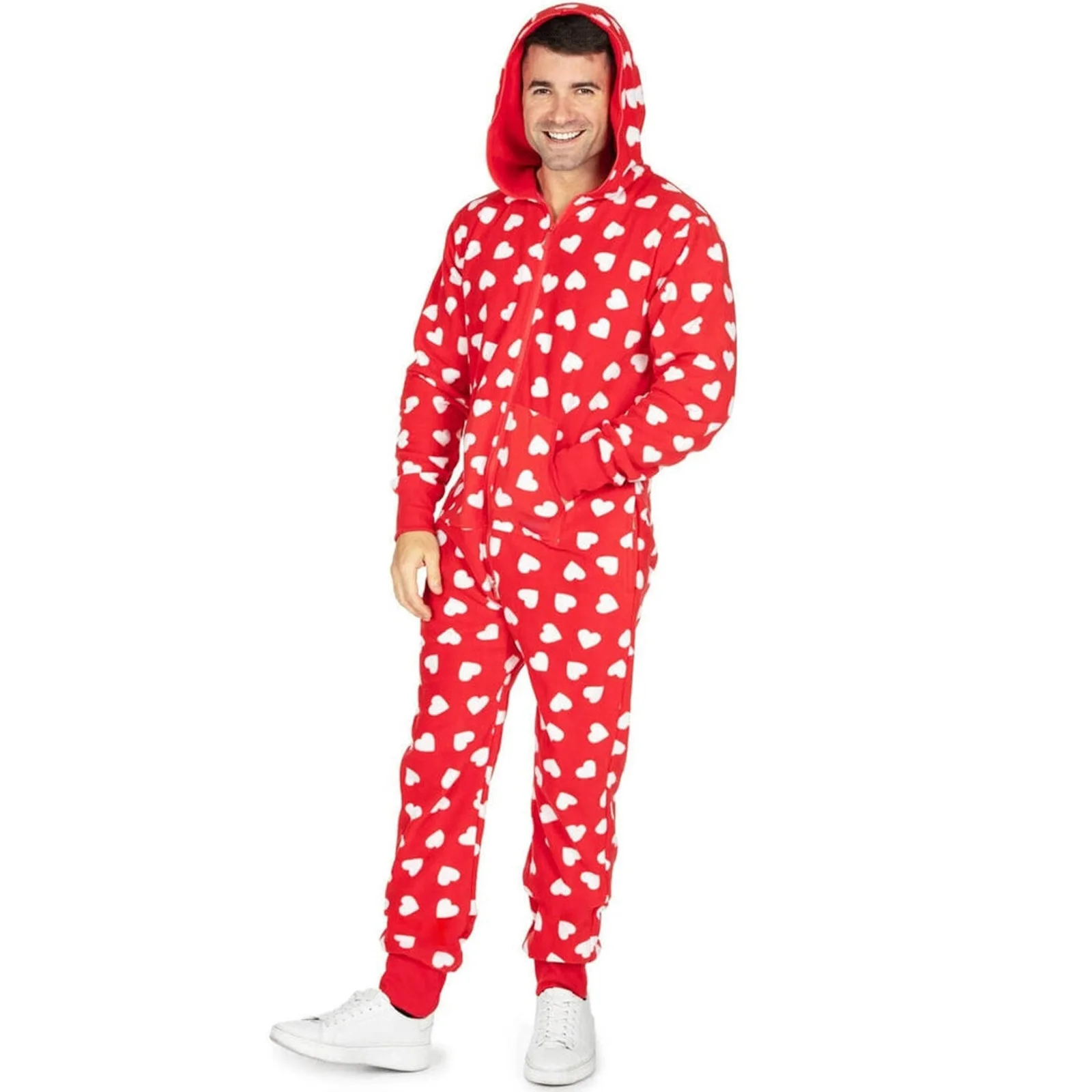 Christmas Autumn Winter One Piece Pajamas Valentine\'s Day Couple Dress Hooded Love Print Homewear Zipper Sleepwear