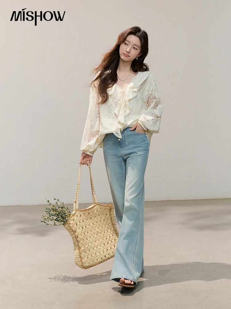 MISHOW French Style Lace Hollow Flower Embroidery Women's Blouse 2026 Spring New Ruffle Edge V-Neck Elegant Top MXF14X2541 view 2