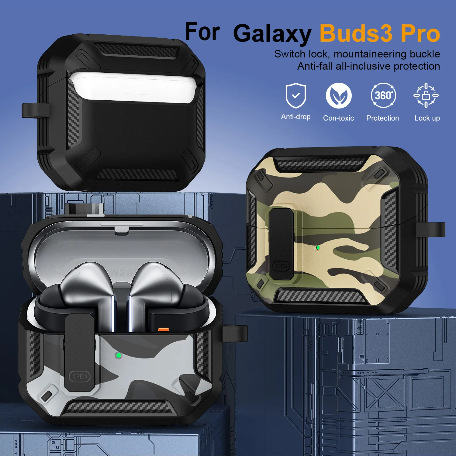Secure Lock Stylish Camouflage Cover For Samsung Galaxy Buds 3 Pro Buds3 Pro Buds 3 FE Case Armor Shockproof Sleeve