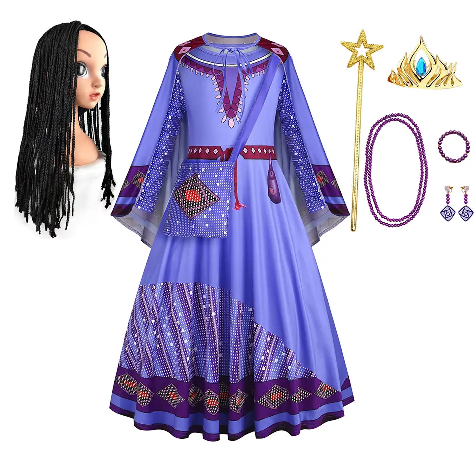 

2024 New Hot Asha Costume for Children Girl Dressy Wish Star Tale Cosplay Kid Birthday Princess Cosplay Asha Dress Carnival Gown