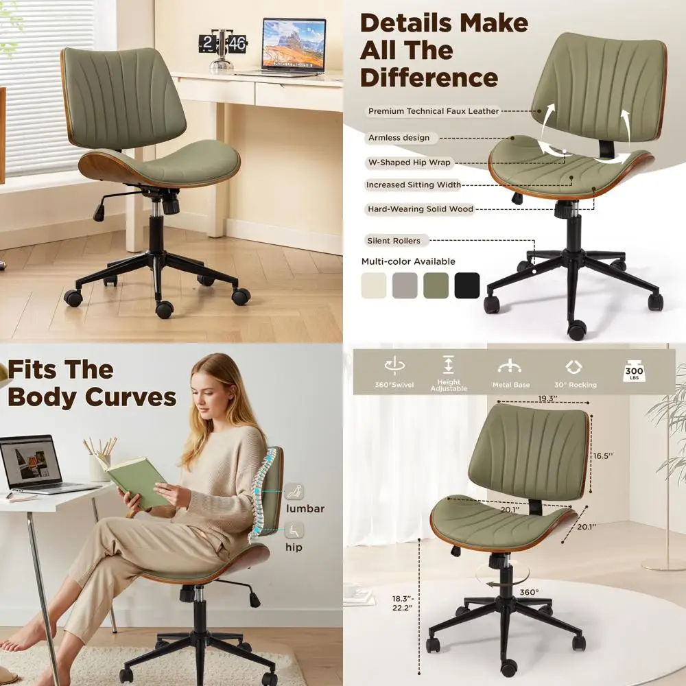 

Green Wooden Back Armless Swivel Chair with Adjustable Height for Small Office Spaces
