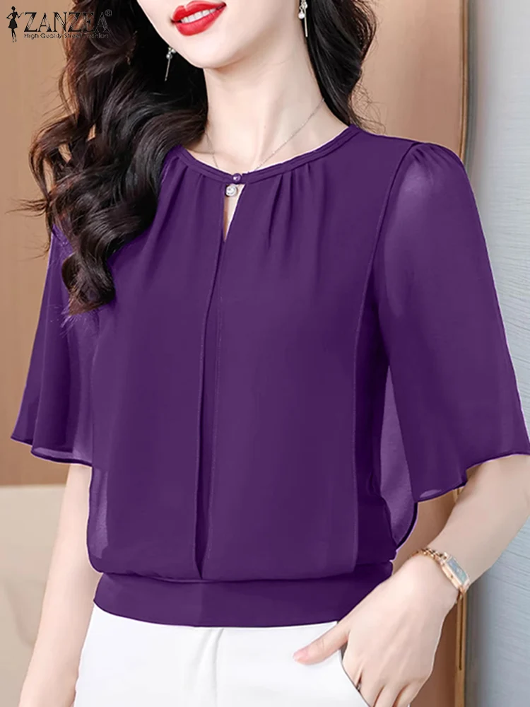 

ZANZEA Elegant Women Chiffon Blouses 2025 Summer O-Neck Half Sleeve Solid Color Sheer Blusas de Mujer Graceful Lady Day Wear Top