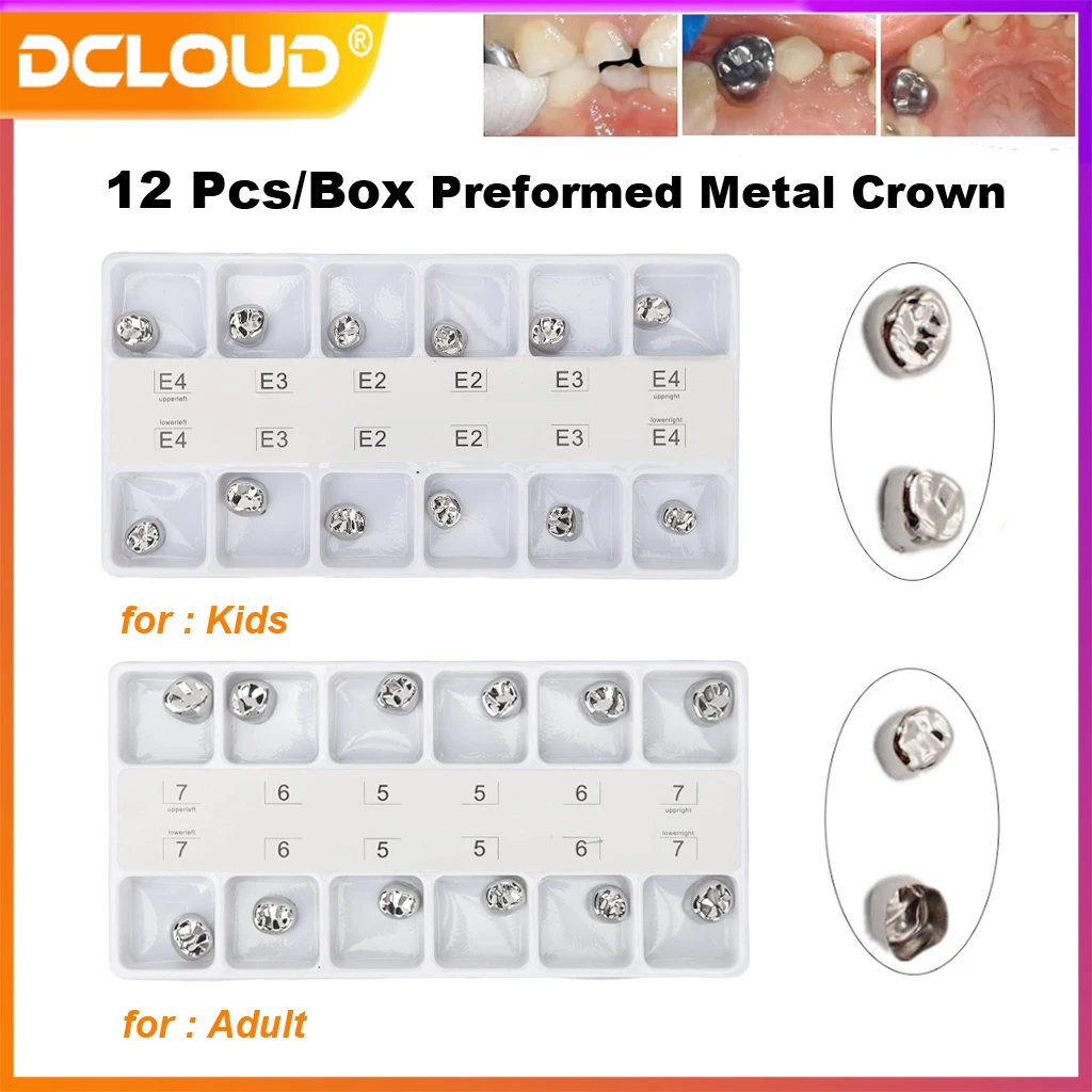 12Pcs/Set Dental Preformed Metal Crown Adult Kids Stainless Steel Temporary Crowns Kit Primary Molar Dentistry OrthoTherapy Tool