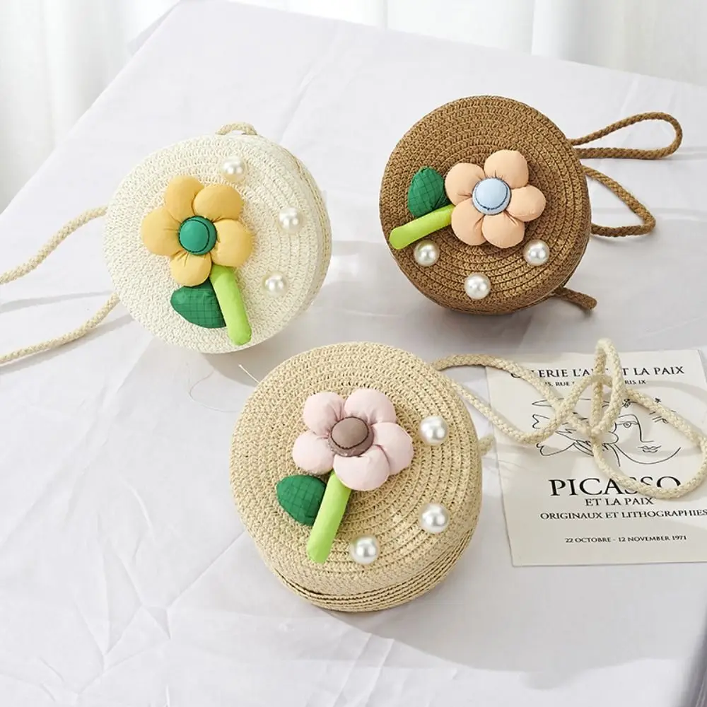 Cute Handmade Kids Straw Bag Woven Round Shoulder Bag Pearl Flower Summer Beach Bag for Children Girls