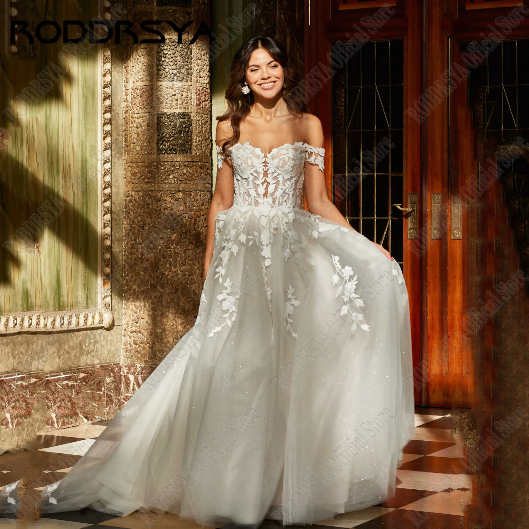 

RODDRSYA Wedding Dress 2024 Off Shoulder Sparkling Bride Gown Sweetheart Applique Backless Vestido De Novia Glitter Tulle A-Line